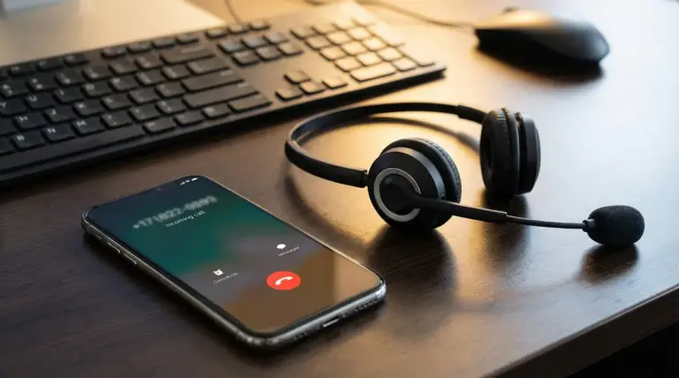 Smartphone con chiamata in arrivo su scrivania, vicino a cuffie con microfono e tastiera del computer