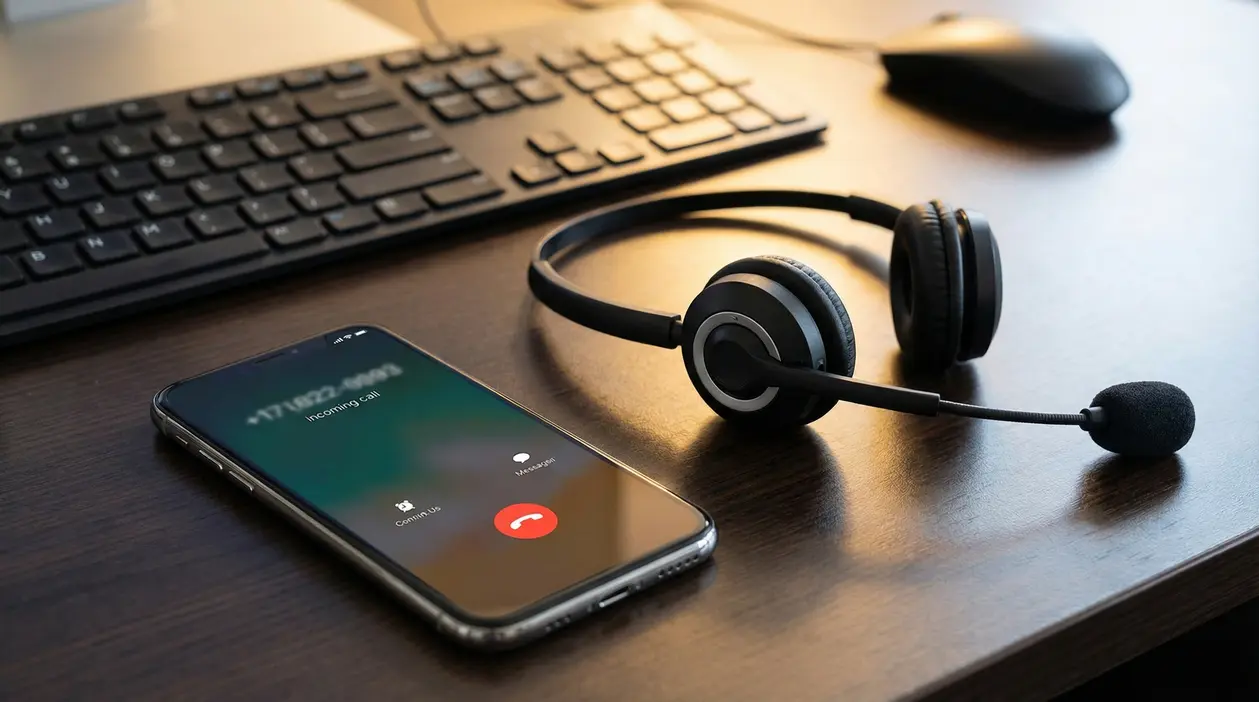 Smartphone con chiamata in arrivo su scrivania, vicino a cuffie con microfono e tastiera del computer