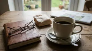 Tazza di caffè nero su piattino con cucchiaino, accanto a un libro e occhiali su un tavolo di legno