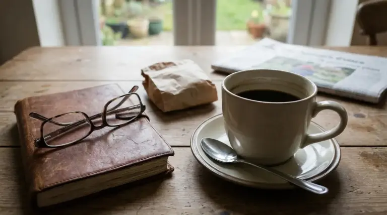 Tazza di caffè nero su piattino con cucchiaino, accanto a un libro e occhiali su un tavolo di legno