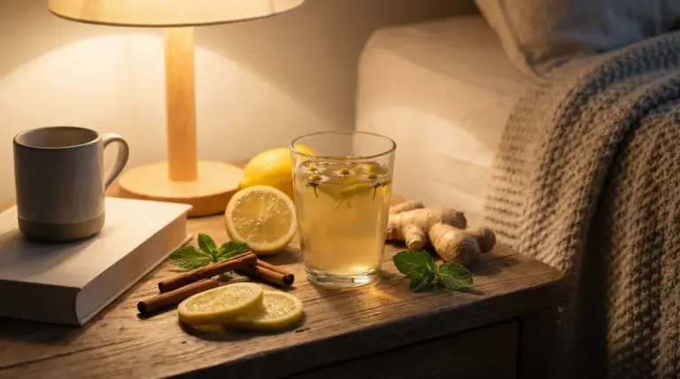 Tisana serale detox con limone, zenzero e menta su comodino accanto al letto, con lampada e libro