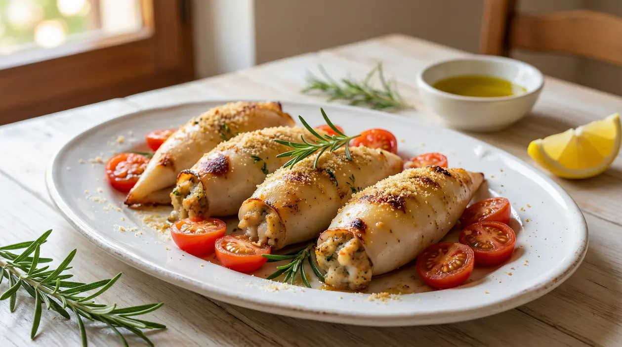 Calamari ripieni al forno gratinati con pomodorini e rosmarino, serviti su piatto bianco con olio e limone