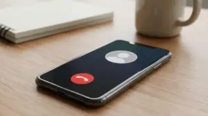 Smartphone su un tavolo con schermata di chiamata in arrivo, utile per parlare di numeri sospetti e spam telefonico