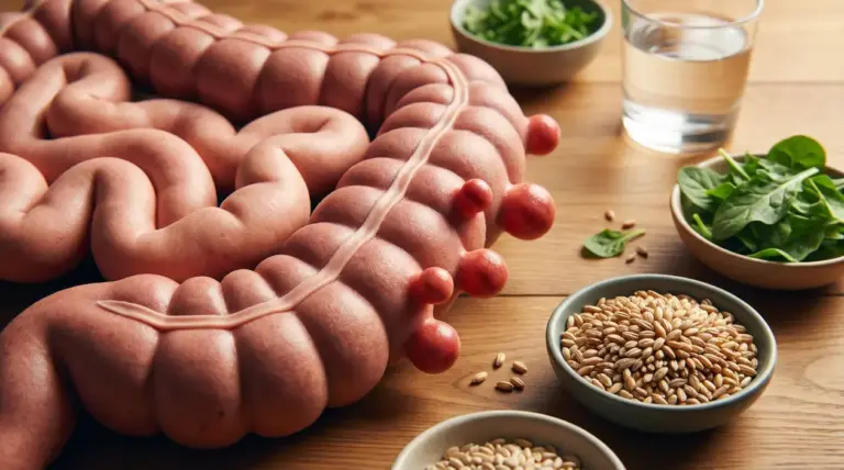 Modello del colon con diverticoli accanto a cereali integrali, verdure a foglia e un bicchiere d’acqua