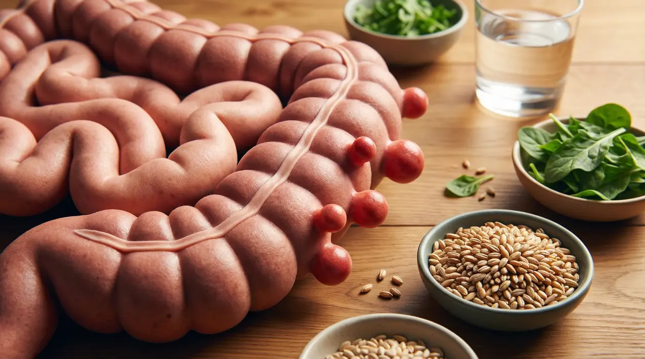 Modello del colon con diverticoli accanto a cereali integrali, verdure a foglia e un bicchiere d’acqua