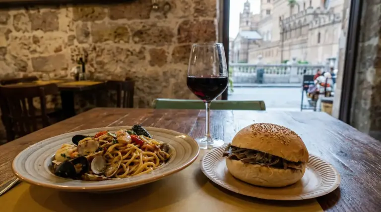 Piatto di pasta ai frutti di mare, panino e calice di vino rosso su tavolo vicino a una finestra a Palermo