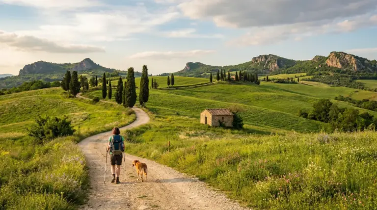 Escursionista con cane lungo un sentiero tra colline verdi e cipressi, con casale e montagne sullo sfondo