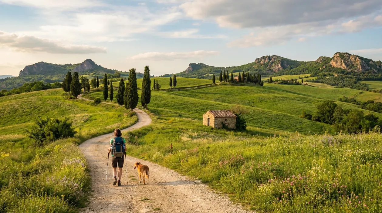 Escursionista con cane lungo un sentiero tra colline verdi e cipressi, con casale e montagne sullo sfondo