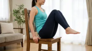 Persona seduta su una sedia con ginocchia sollevate, esercizio per addominali e core in casa