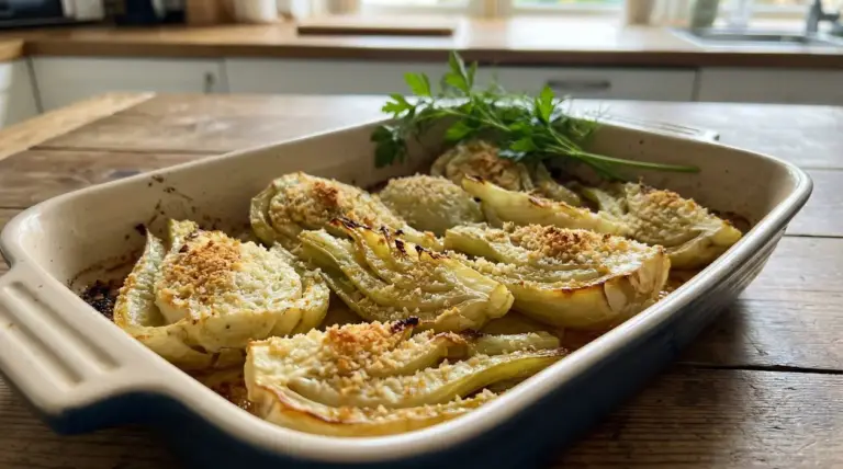 Finocchi al forno gratinati in una teglia, con crosticina dorata e rametti di prezzemolo