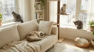 Gatti tranquilli in salotto luminoso: uno sul divano, uno sulla torre tiragraffi e altri vicino alla finestra