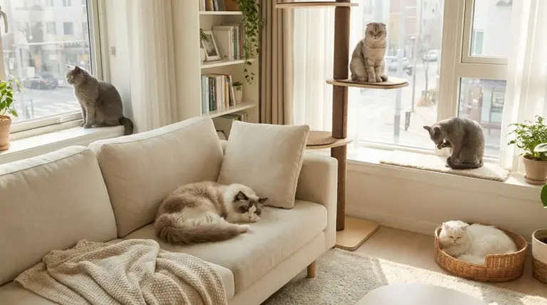Gatti tranquilli in salotto luminoso: uno sul divano, uno sulla torre tiragraffi e altri vicino alla finestra
