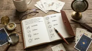 Quaderno aperto con appunti su lavori e simboli zodiacali, circondato da carte astrologiche, bussola e globo su tavolo in legno
