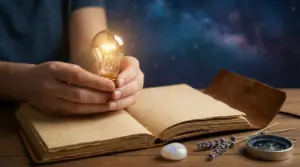 Mani che tengono una lampadina accesa sopra un libro aperto, con piccoli oggetti su un tavolo e sfondo stellato