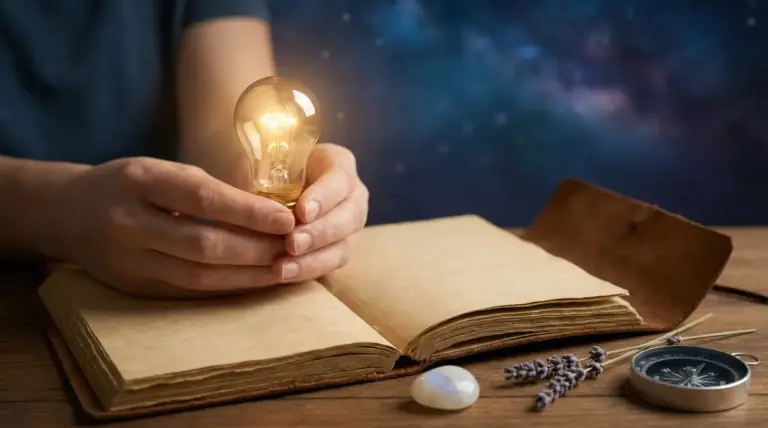 Mani che tengono una lampadina accesa sopra un libro aperto, con piccoli oggetti su un tavolo e sfondo stellato