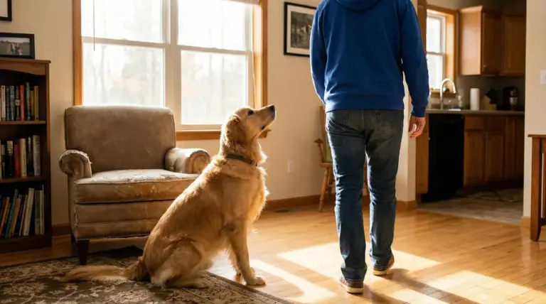Cane seduto in salotto che guarda una persona mentre si allontana, in un ambiente domestico luminoso