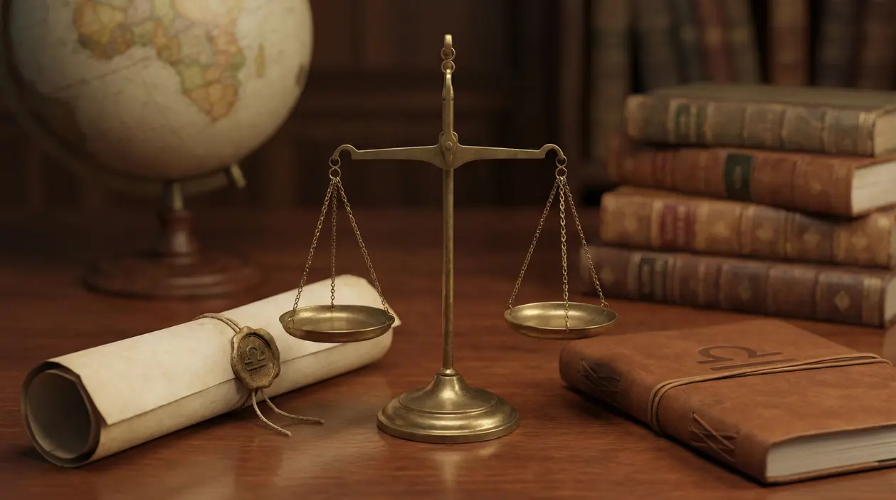 Bilancia in ottone su una scrivania con libri e pergamena, simbolo di equilibrio e diplomazia nello zodiaco