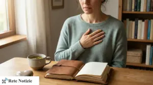 Persona seduta a un tavolo con mano sul petto, tazza di tè e diario aperto in un ambiente tranquillo