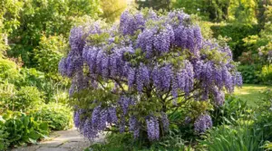 Glicine ad albero in fiore con grappoli viola pendenti in giardino verde, senza sostegni