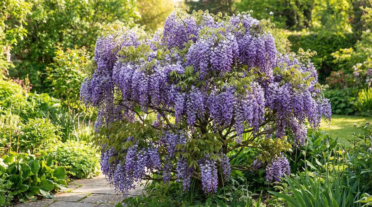 Glicine ad albero in fiore con grappoli viola pendenti in giardino verde, senza sostegni