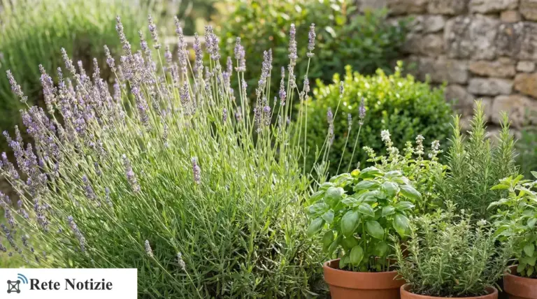 Lavanda in fiore e vasi di erbe aromatiche in giardino, piante profumate utili per tenere lontane le zanzare