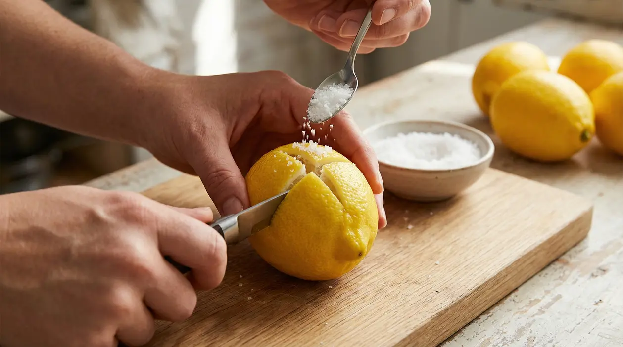 Mani che incidono una croce su un limone e aggiungono sale grosso su un tagliere da cucina