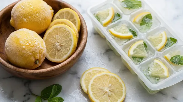 Limoni congelati e fette di limone in una ciotola, con cubetti di ghiaccio con limone e menta in una vaschetta