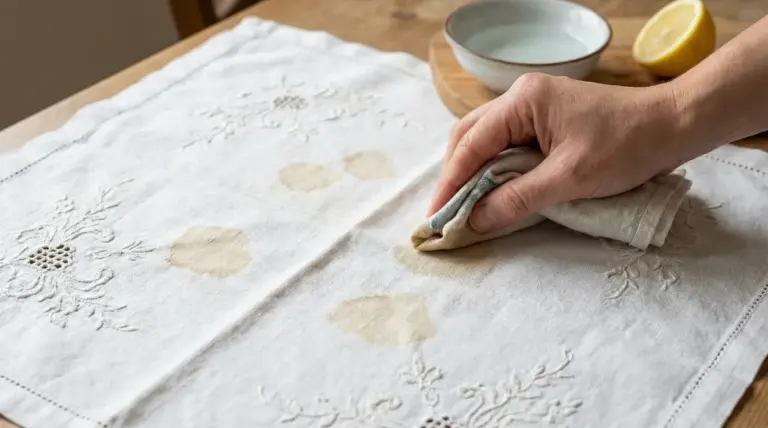 Mano che tampona macchie marroni su tovaglia antica ricamata con panno, con limone e ciotola d’acqua sul tavolo