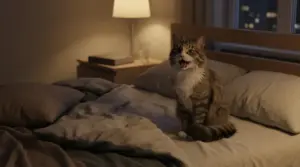 Gatto seduto sul letto che miagola di notte in una camera da letto illuminata da una lampada