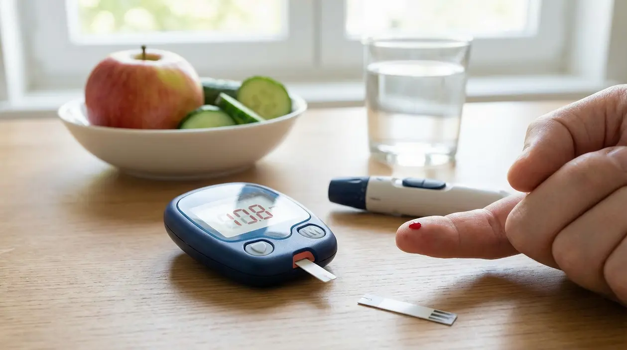 Persona che misura la glicemia con glucometro e goccia di sangue sul dito, con frutta e acqua sul tavolo