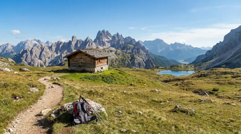 Baita in legno su prato alpino con sentiero, zaino e lago sullo sfondo, circondata da cime rocciose