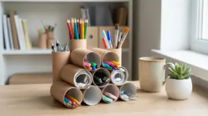 Organizzatore da scrivania con rotoli di carta igienica riciclati, pieni di penne, matite, pennarelli e cavi