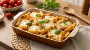 Pasta al forno veloce con rigatoni, mozzarella filante e foglie di basilico in teglia, su tavolo di legno