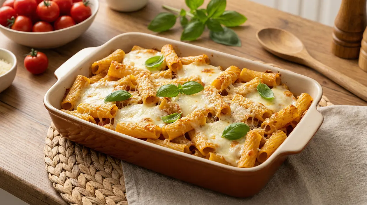 Pasta al forno veloce con rigatoni, mozzarella filante e foglie di basilico in teglia, su tavolo di legno
