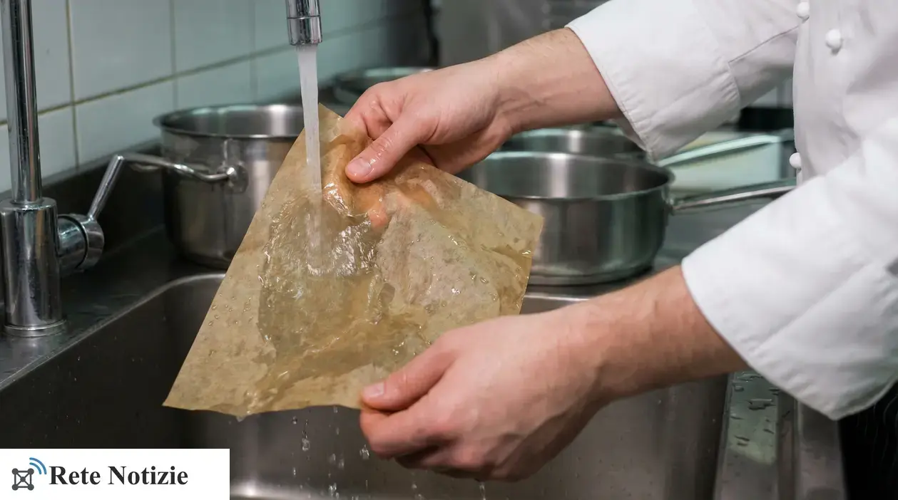 Mani di uno chef che bagna la carta forno sotto l’acqua corrente in cucina professionale