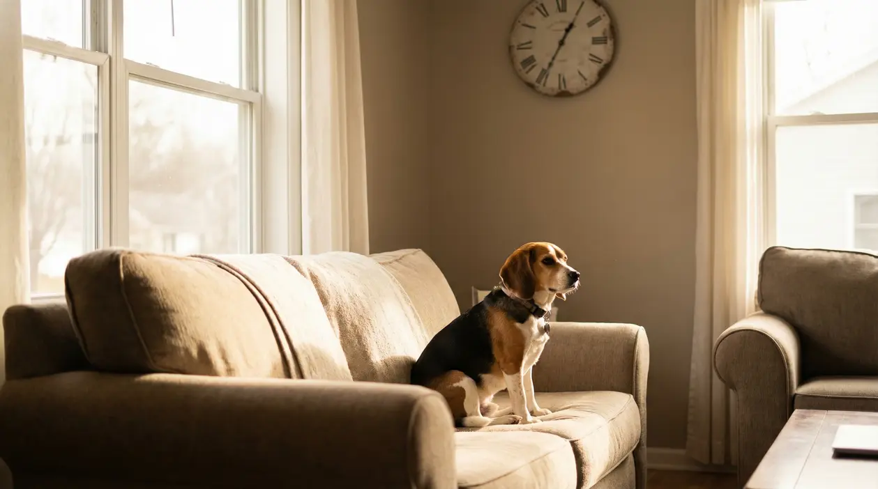 Cane seduto sul divano in salotto, vicino a una finestra e a un orologio a parete, in attesa a casa da solo