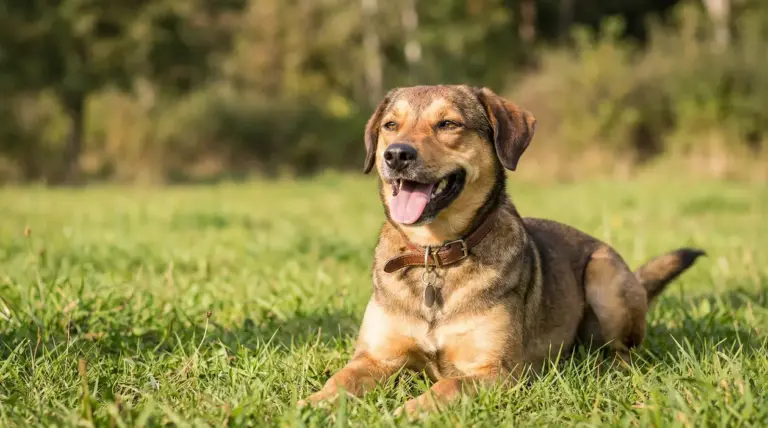 Cane sdraiato sull’erba con bocca aperta e lingua fuori, rilassato all’aperto in una giornata di sole