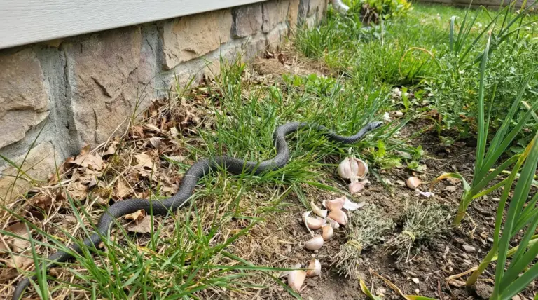 Serpente scuro che striscia nell’erba vicino al muro di casa, in giardino tra foglie secche e bulbi