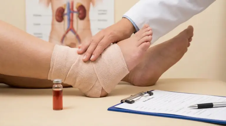 Medico che esamina una caviglia gonfia con bendaggio, possibile segnale di ritenzione idrica legata ai reni