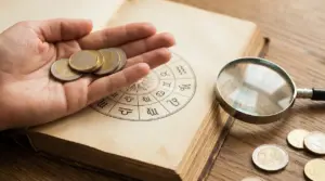 Mano con monete in euro sopra un libro con ruota dello zodiaco, accanto a una lente d’ingrandimento