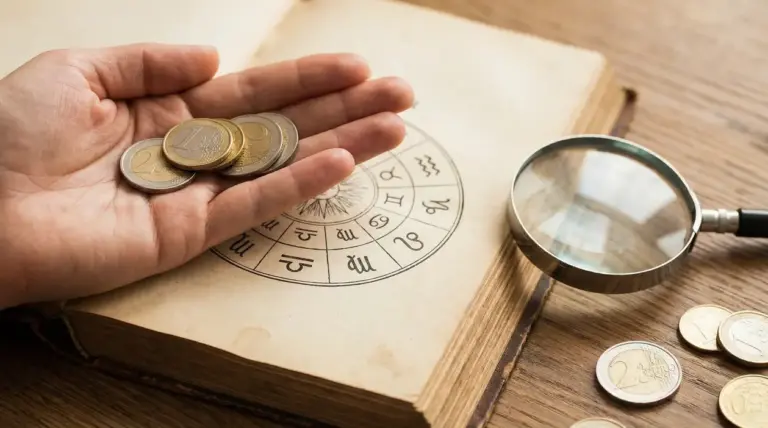 Mano con monete in euro sopra un libro con ruota dello zodiaco, accanto a una lente d’ingrandimento