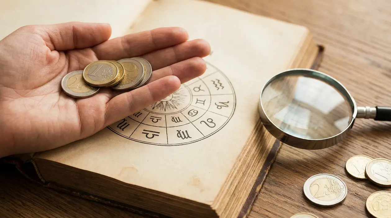 Mano con monete in euro sopra un libro con ruota dello zodiaco, accanto a una lente d’ingrandimento
