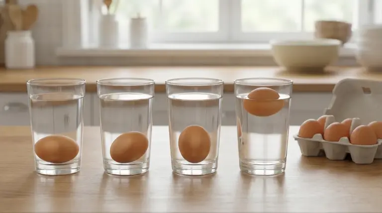 Test dell’uovo in acqua: quattro bicchieri con uova a diverse altezze per verificarne la freschezza