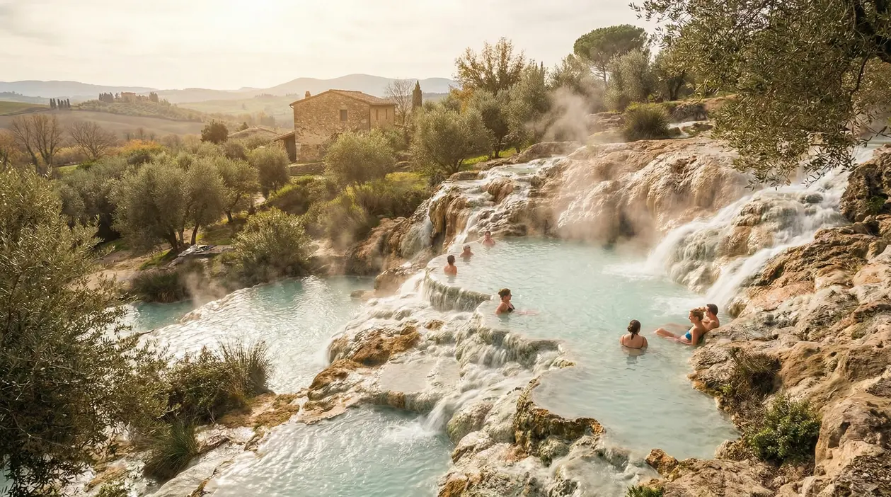 Terme naturali gratuite con piscine rocciose e vapori, persone che si rilassano in acqua azzurra in campagna
