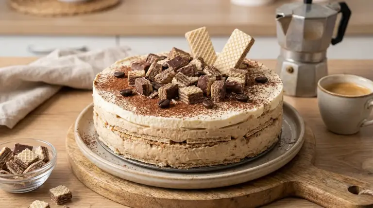 Torta fredda a strati con wafer e crema al caffè, decorata con cacao, chicchi di caffè e pezzetti di wafer