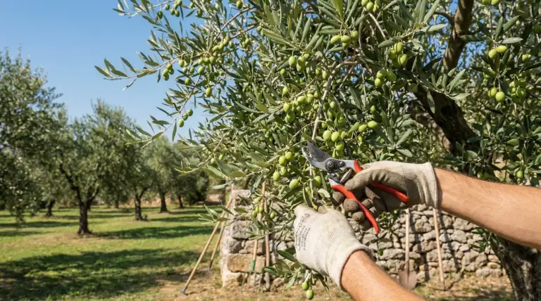 Mani con guanti che potano un ramo di ulivo carico di olive verdi con cesoie, in un oliveto