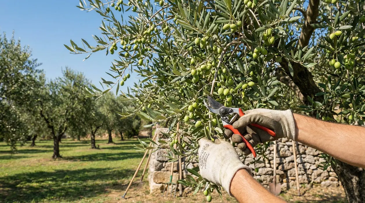 Mani con guanti che potano un ramo di ulivo carico di olive verdi con cesoie, in un oliveto