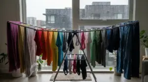 Stendibiancheria in casa vicino a una finestra con pioggia, con magliette, asciugamani e jeans appesi ad asciugare