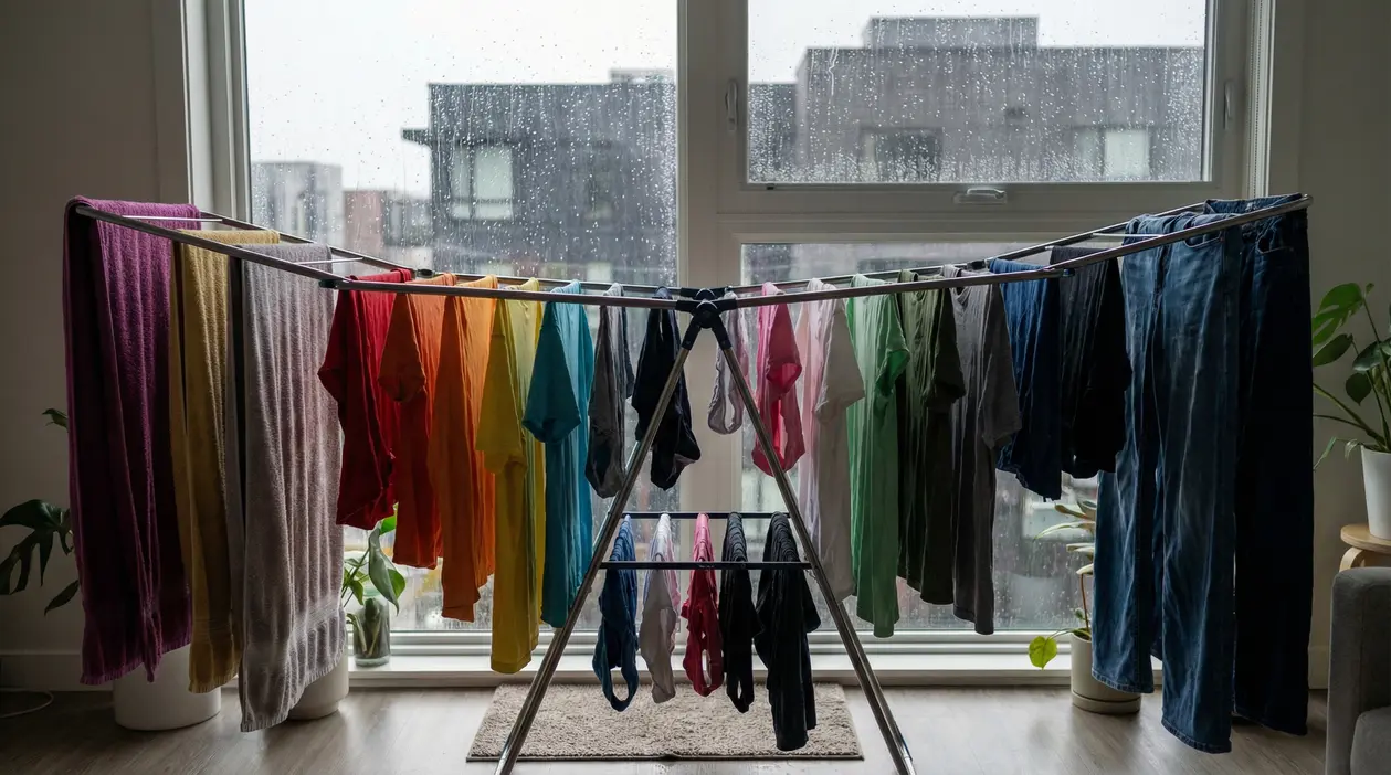 Stendibiancheria in casa vicino a una finestra con pioggia, con magliette, asciugamani e jeans appesi ad asciugare