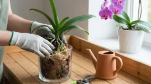 Mani con guanti che rinvasano un’orchidea in vaso di vetro con corteccia, su tavolo vicino a una finestra